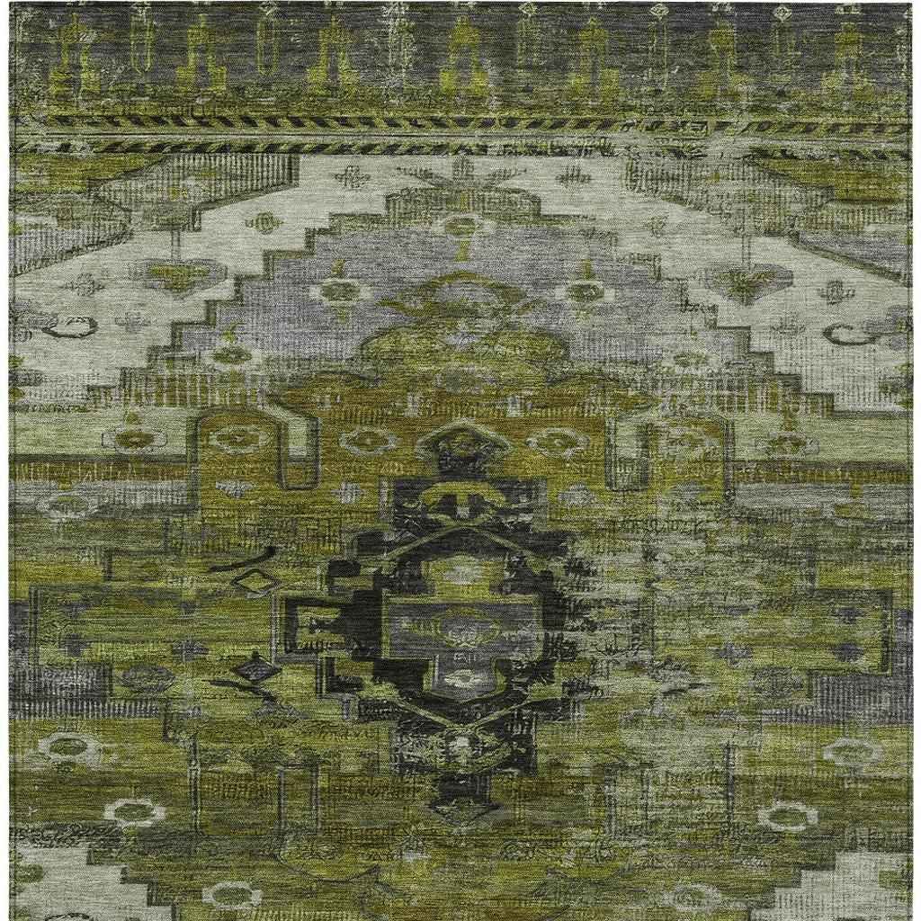 5' X 8' Olive Green Ivory And Gray Tribal Washable Indoor Outdoor Area Rug
