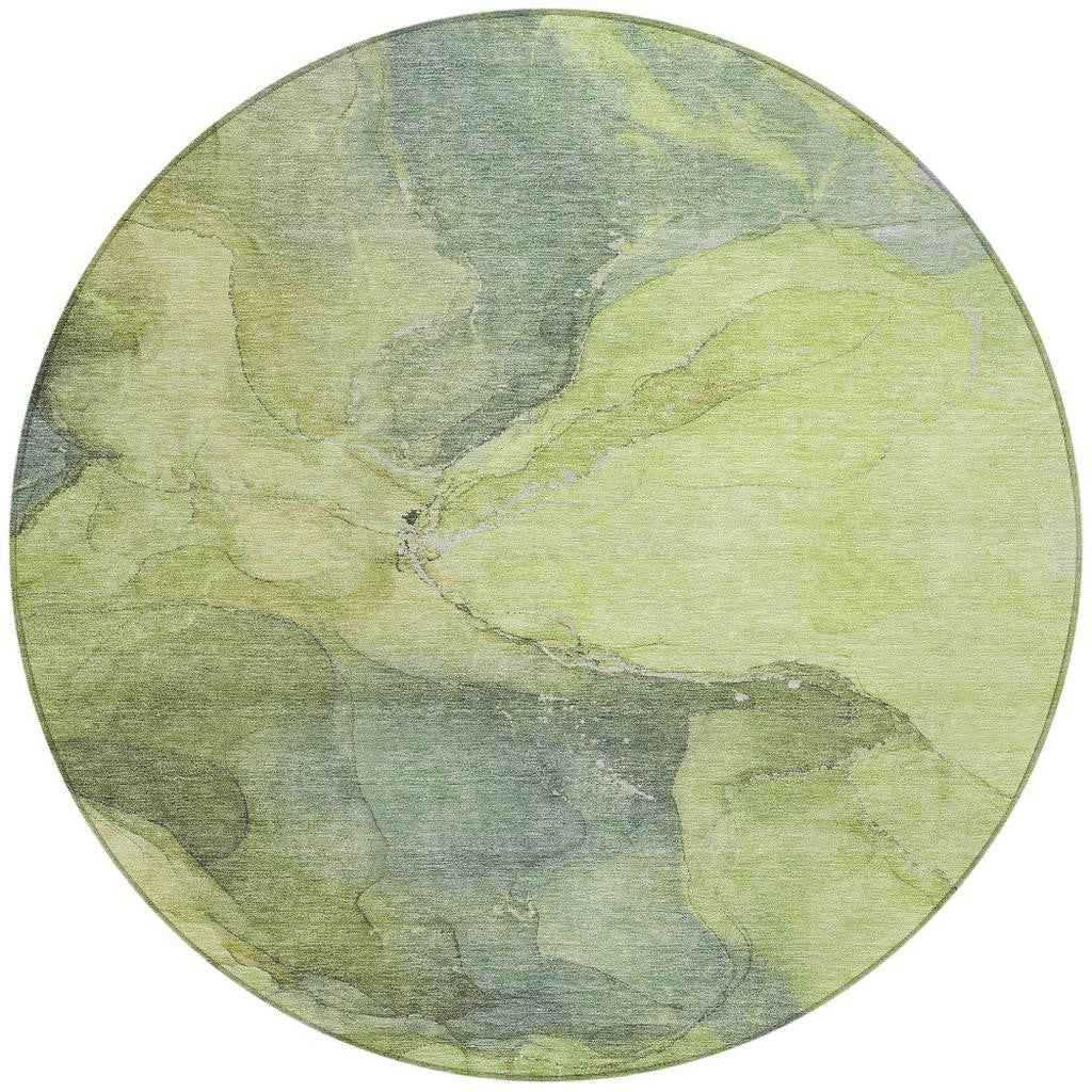 8' Green And Gray Round Abstract Washable Indoor Outdoor Area Rug