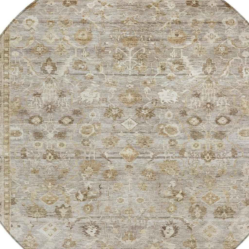 8' Taupe Brown And Ivory Round Oriental Washable Indoor Outdoor Area Rug