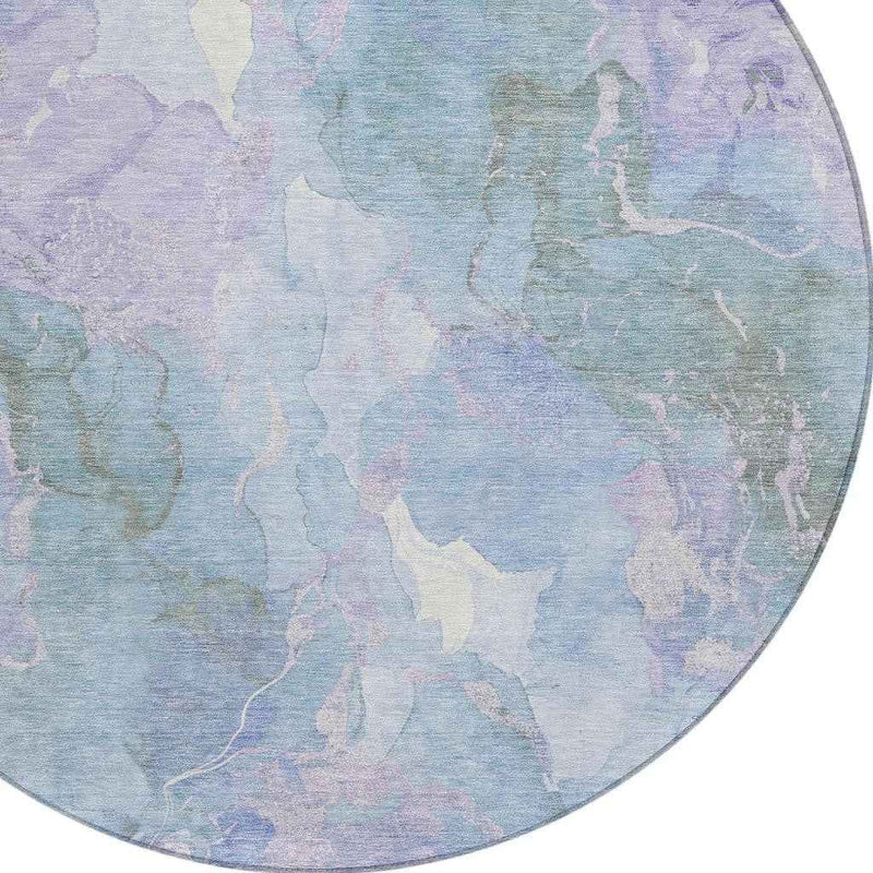 8' Lavender And Sky Blue Round Abstract Washable Indoor Outdoor Area Rug