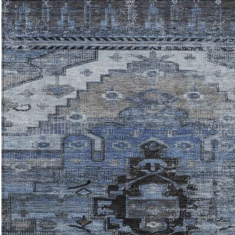 8' X 10' Blue Ivory And Gray Tribal Washable Indoor Outdoor Area Rug