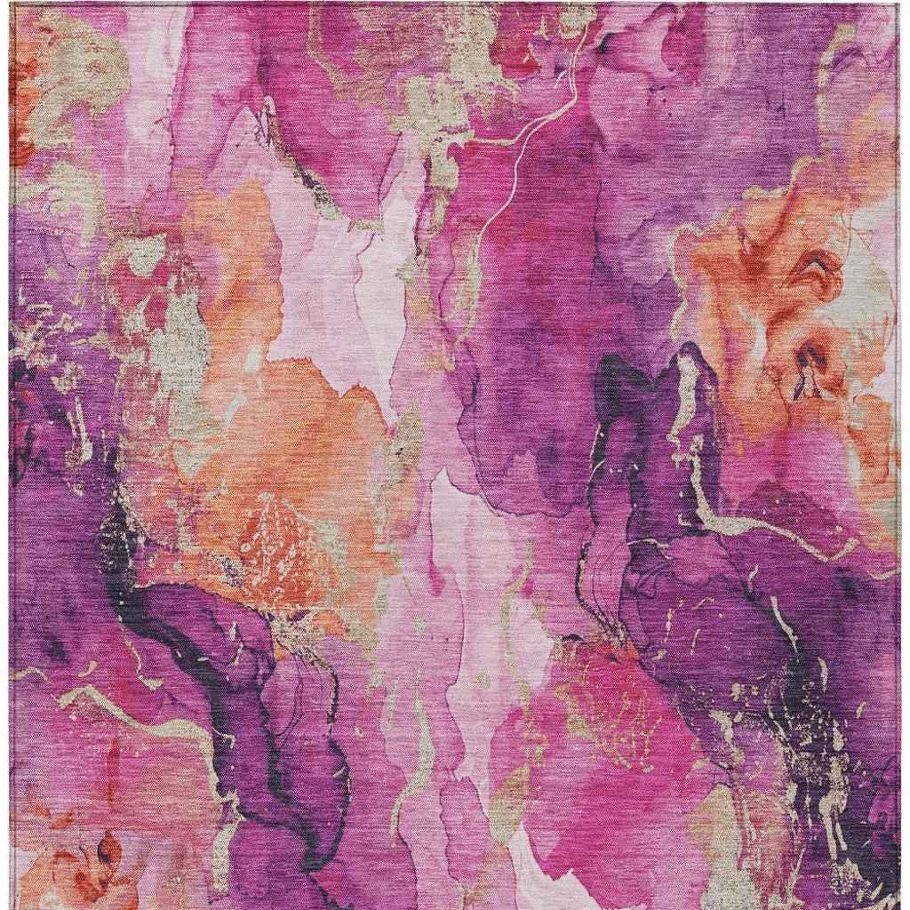 9' X 12' Ruby Red And Purple Abstract Washable Indoor Outdoor Area Rug