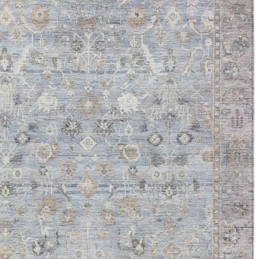 5' X 8' Sky Blue Brown And Ivory Oriental Washable Indoor Outdoor Area Rug
