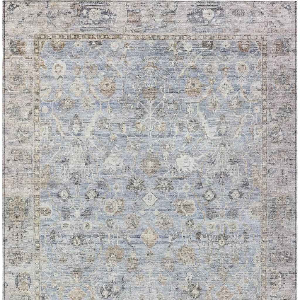 3' X 5' Sky Blue Brown And Ivory Oriental Washable Indoor Outdoor Area Rug