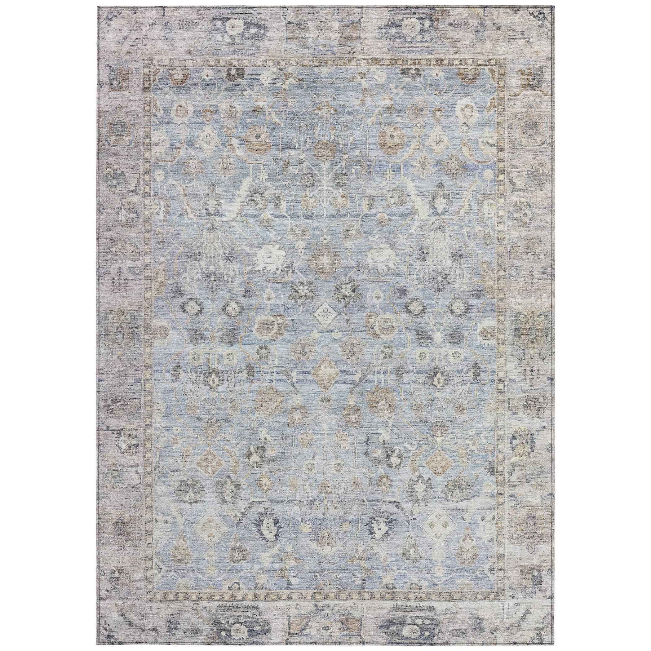 10' X 14' Sky Blue Brown And Ivory Oriental Washable Indoor Outdoor Area Rug