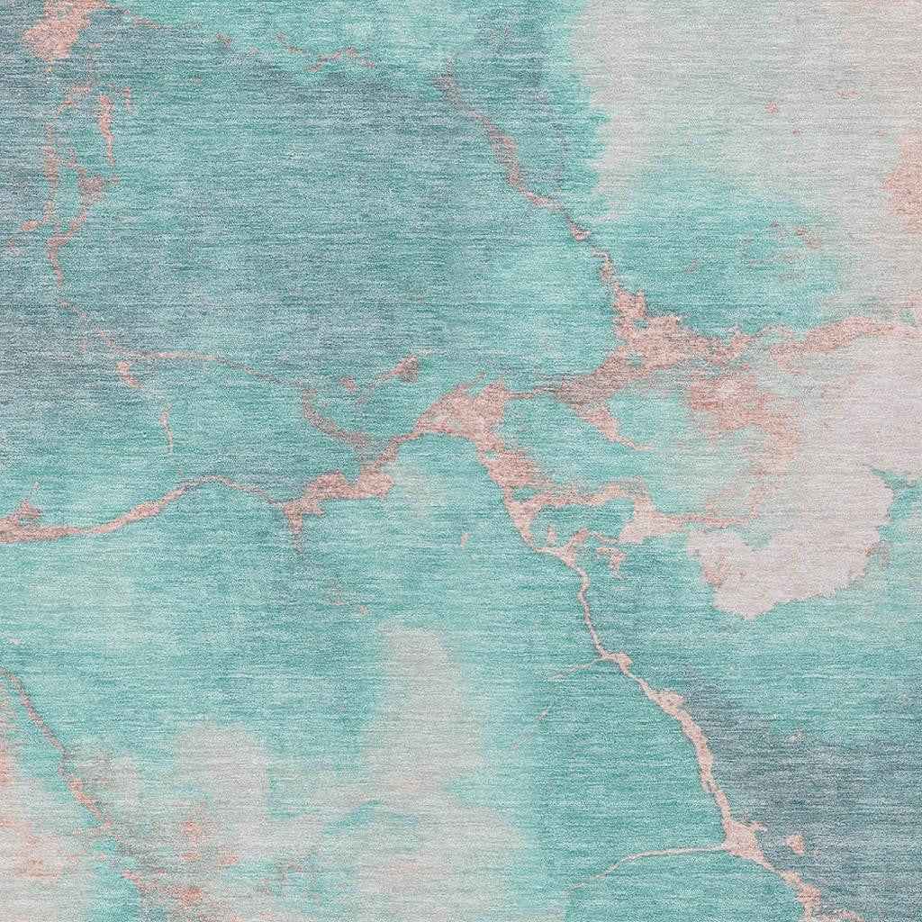 5' X 8' Teal Blue Peach And Ivory Abstract Washable Indoor Outdoor Area Rug