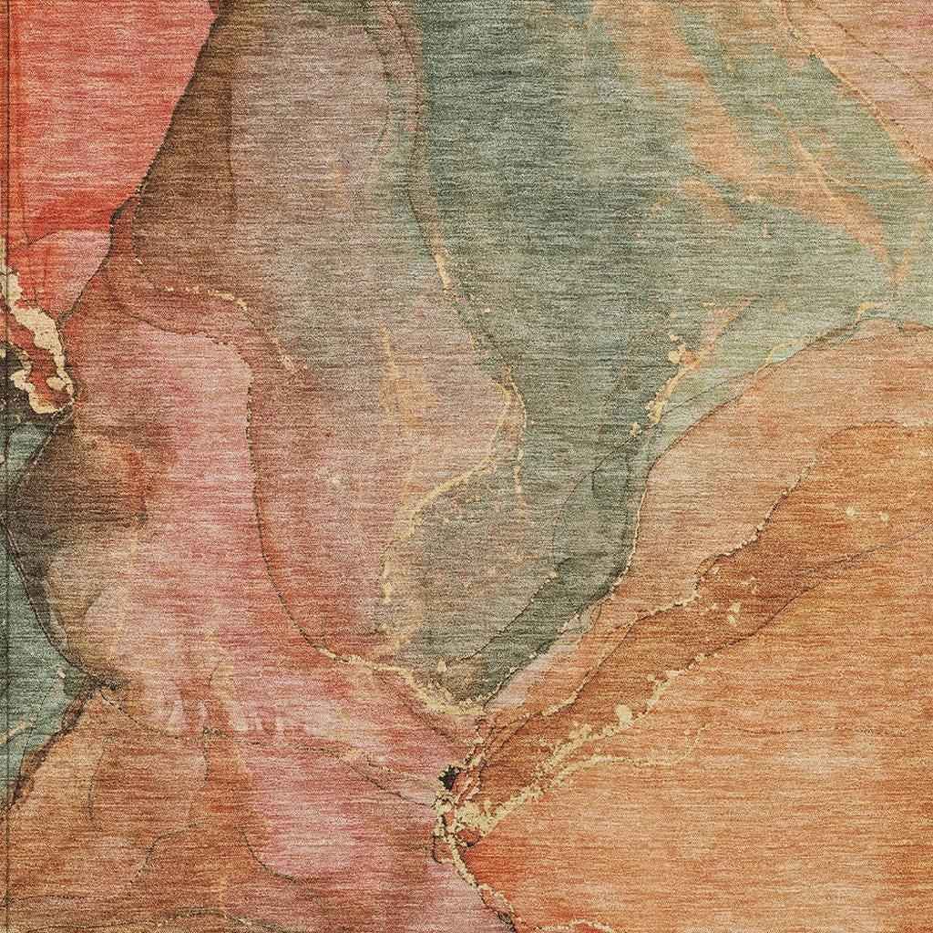 10' X 14' Coral Brown And Mint Green Abstract Washable Indoor Outdoor Area Rug