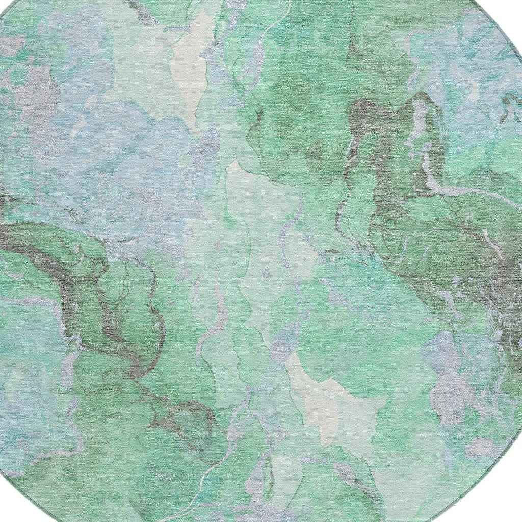 8' Pale Aqua And Mint Green Round Abstract Washable Indoor Outdoor Area Rug