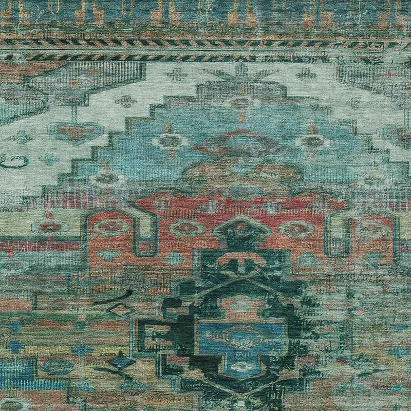 9' X 12' Teal Blue Copper And Gold Tribal Washable Indoor Outdoor Area Rug