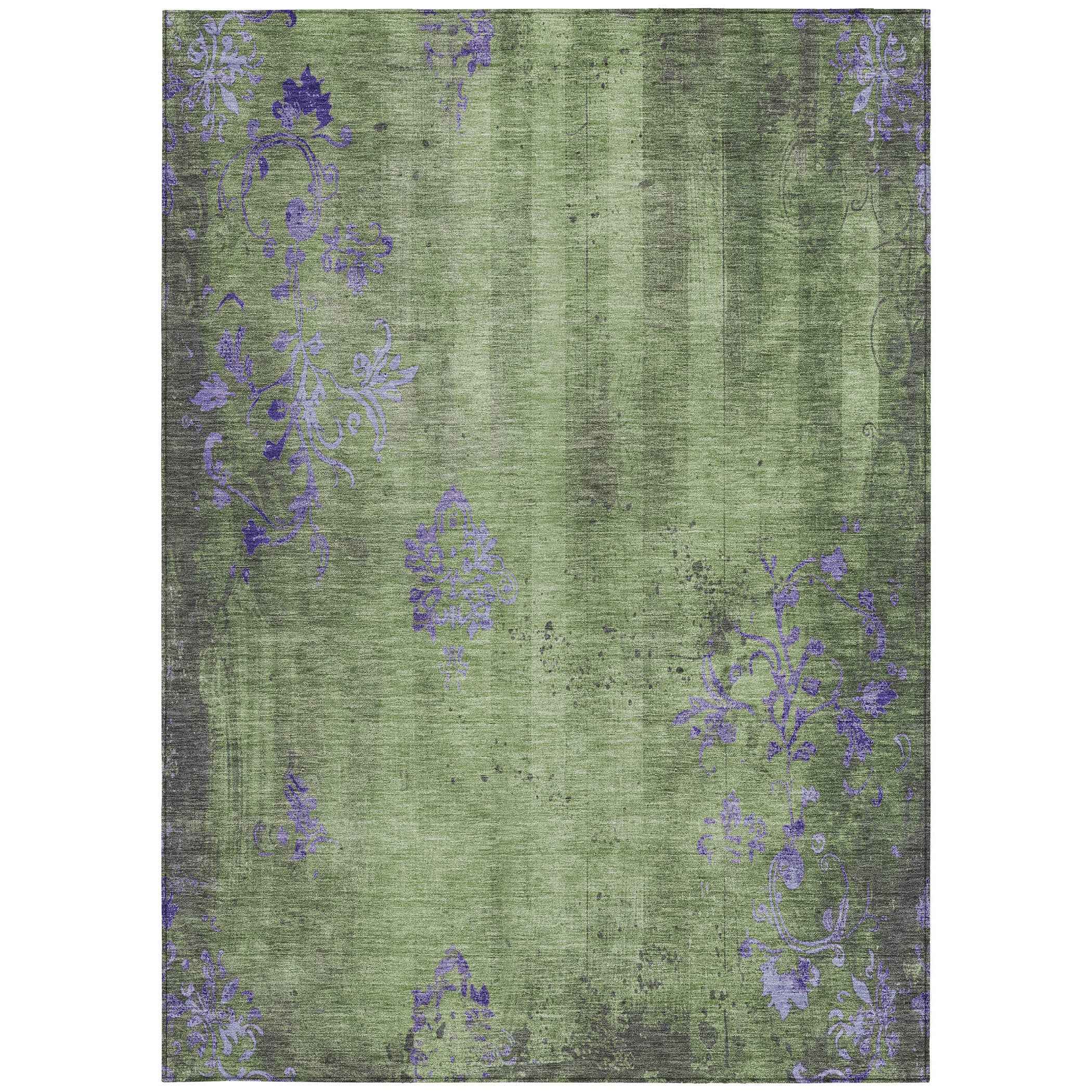 3' X 5' Artichoke Green And Purple Floral Washable Indoor Outdoor Area Rug