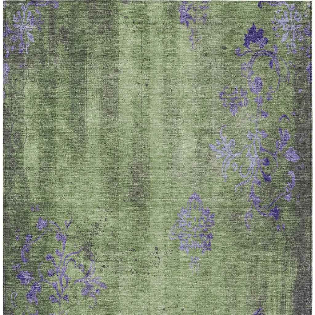 3' X 5' Artichoke Green And Purple Floral Washable Indoor Outdoor Area Rug