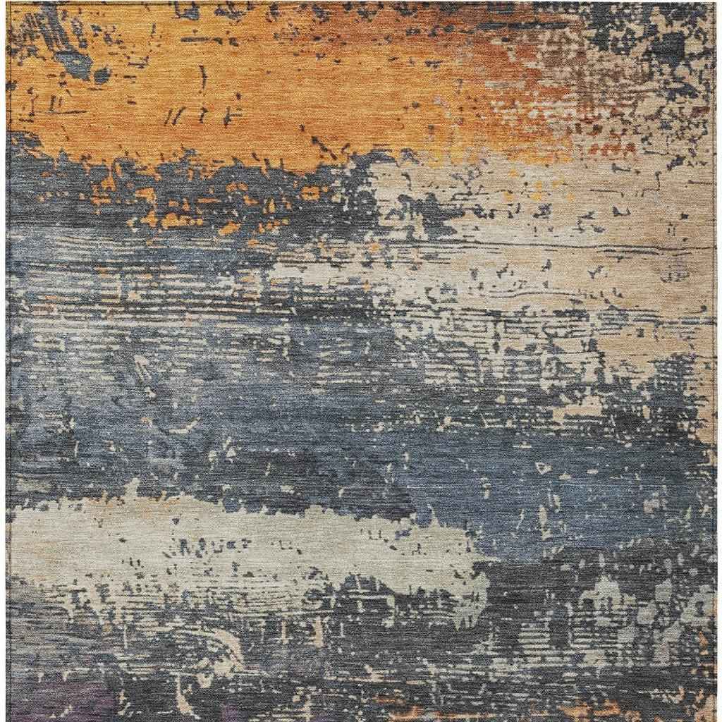 9' X 12' Blue Gray And Orange Abstract Washable Indoor Outdoor Area Rug