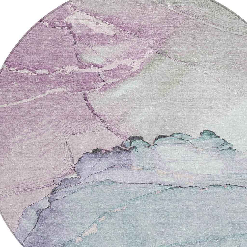 8' Pale Aqua And Lavender Round Abstract Washable Indoor Outdoor Area Rug