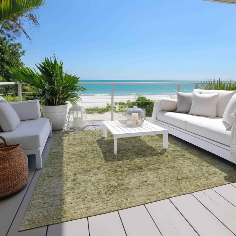 9' X 12' Green And Gold Abstract Washable Indoor Outdoor Area Rug