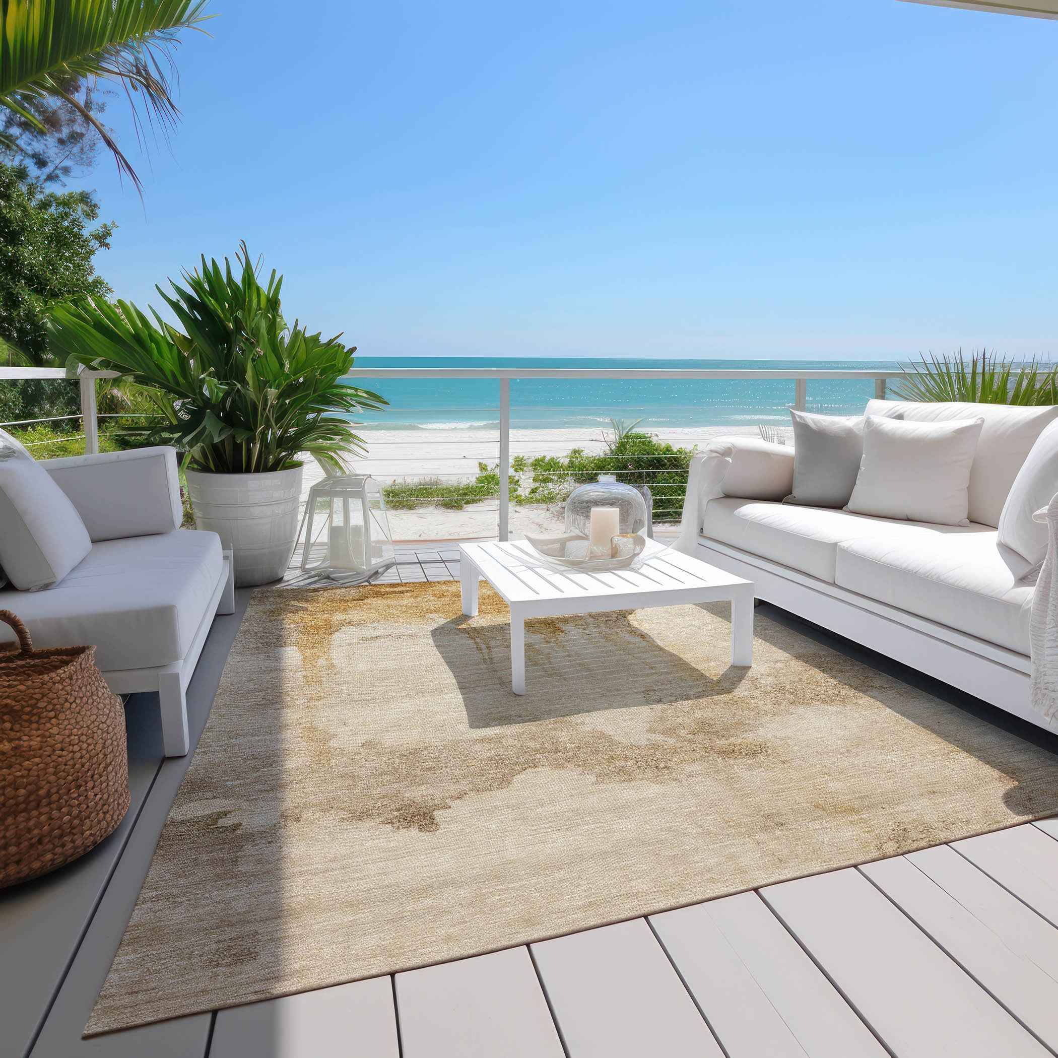 9' X 12' Gold And Beige Abstract Washable Indoor Outdoor Area Rug