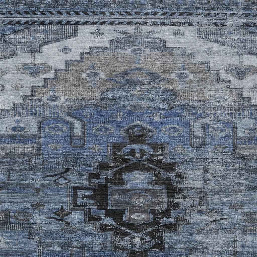 5' X 8' Blue Ivory And Gray Tribal Washable Indoor Outdoor Area Rug