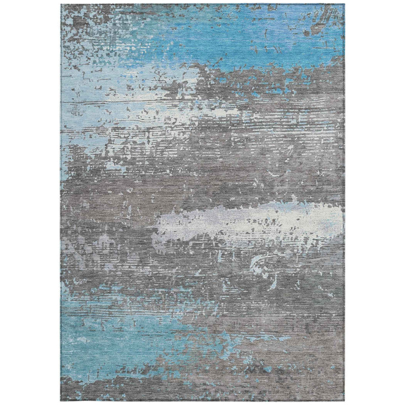10' X 14' Teal Blue Gray And Silver Abstract Washable Indoor Outdoor Area Rug