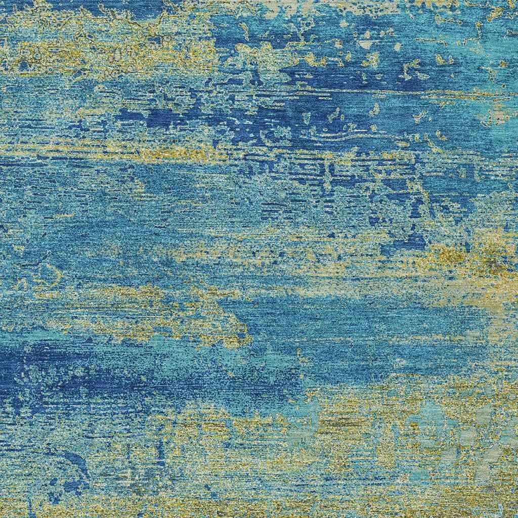 8' X 10' Navy Blue Sky Blue And Olive Green Abstract Washable Indoor Outdoor Area Rug