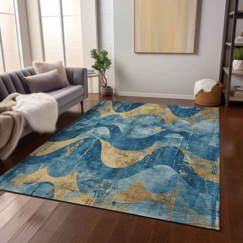 9' X 12' Teal Blue And Gold Abstract Washable Indoor Outdoor Area Rug