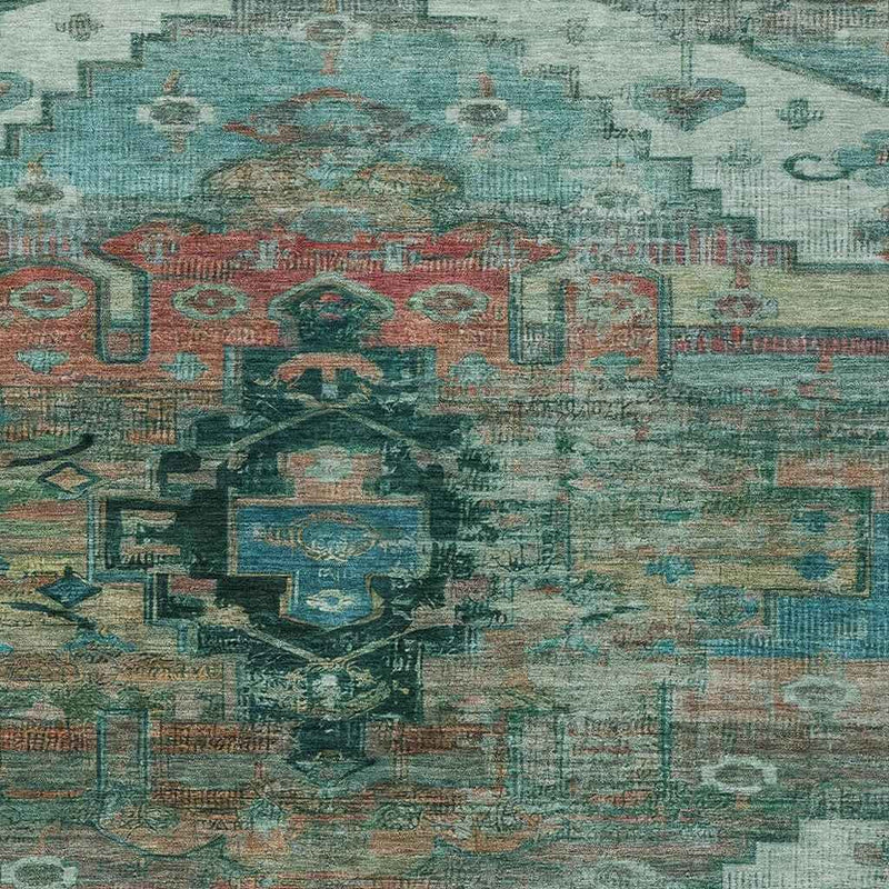 10' X 14' Teal Blue Copper And Gold Tribal Washable Indoor Outdoor Area Rug