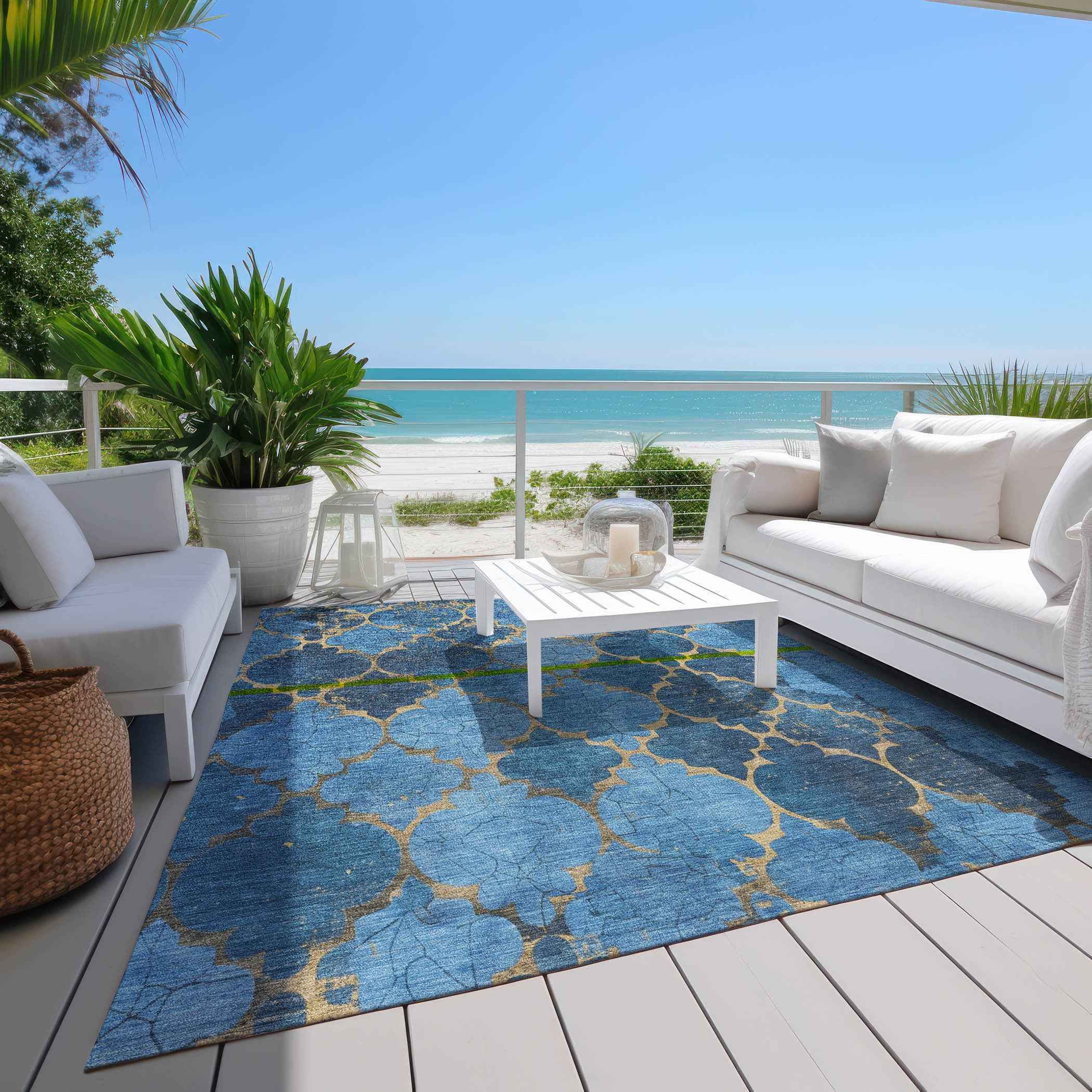 5' X 8' Blue And Gold Damask Washable Indoor Outdoor Area Rug