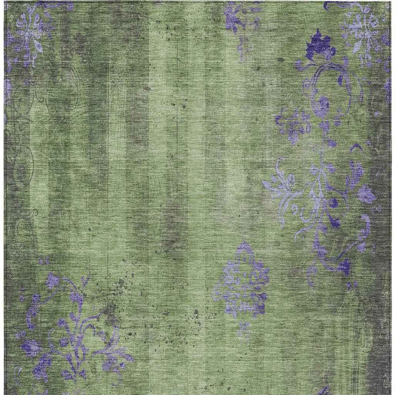 9' X 12' Artichoke Green And Purple Floral Washable Indoor Outdoor Area Rug