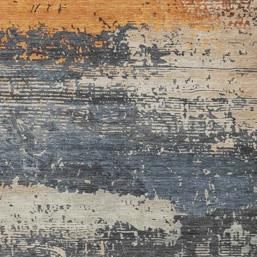 10' X 14' Blue Gray And Orange Abstract Washable Indoor Outdoor Area Rug