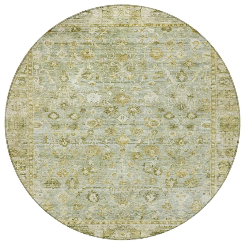 8' Sage And Ivory Round Oriental Washable Indoor Outdoor Area Rug