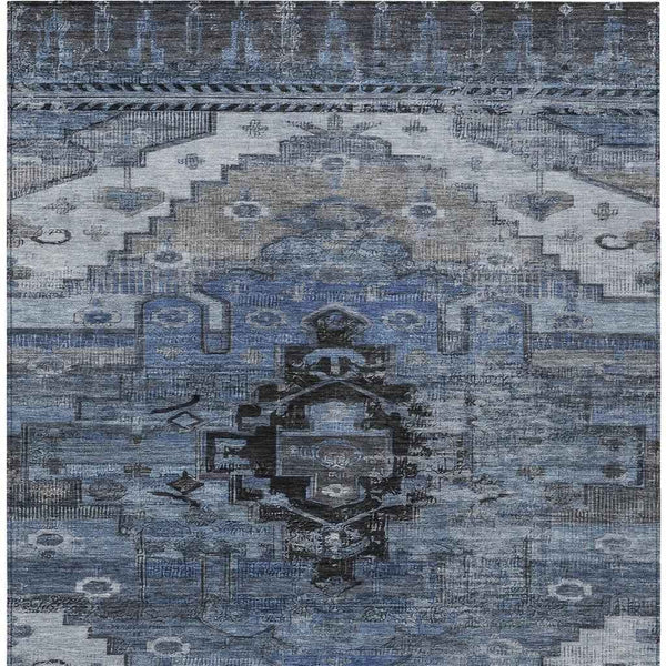 10' X 14' Blue Ivory And Gray Tribal Washable Indoor Outdoor Area Rug
