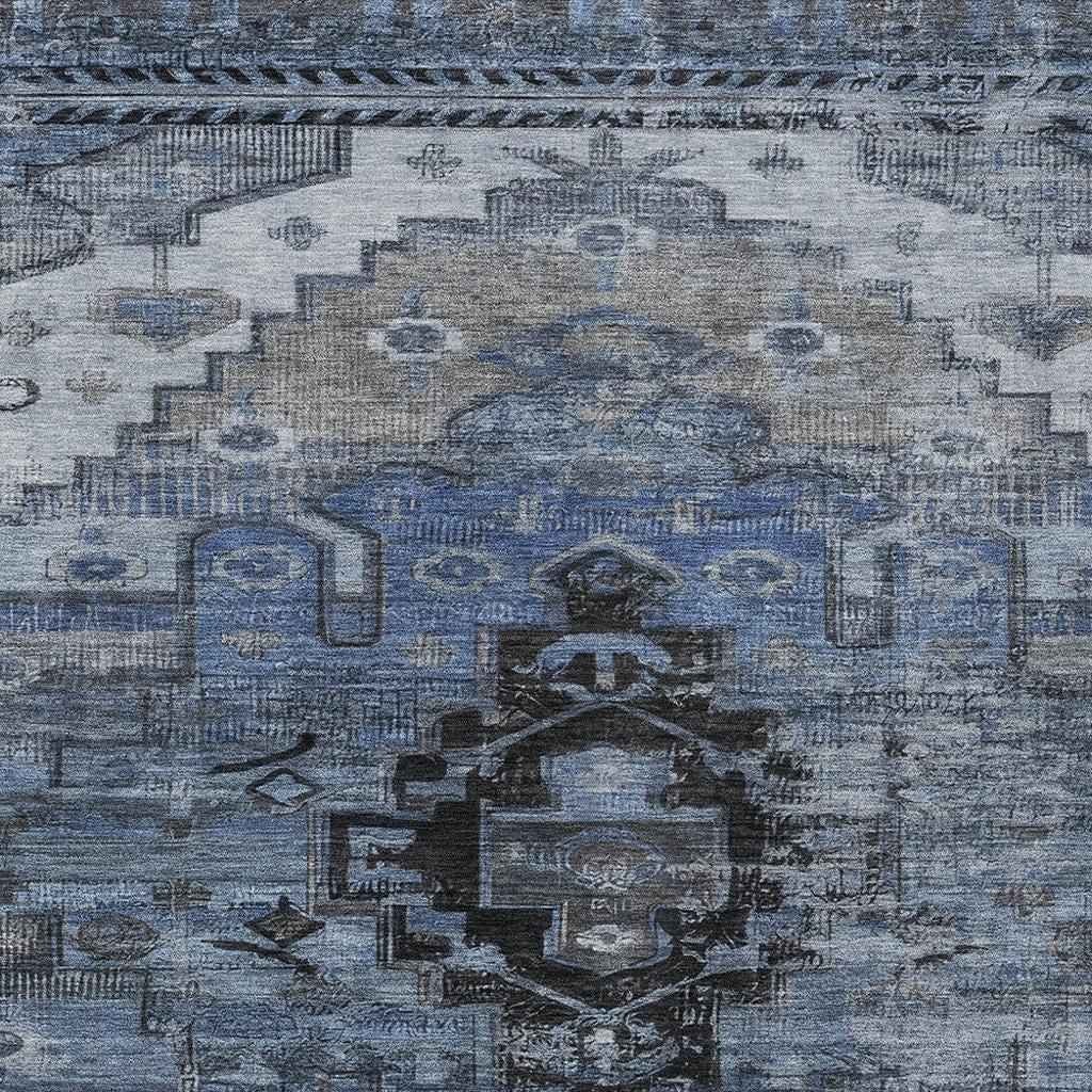 10' X 14' Blue Ivory And Gray Tribal Washable Indoor Outdoor Area Rug
