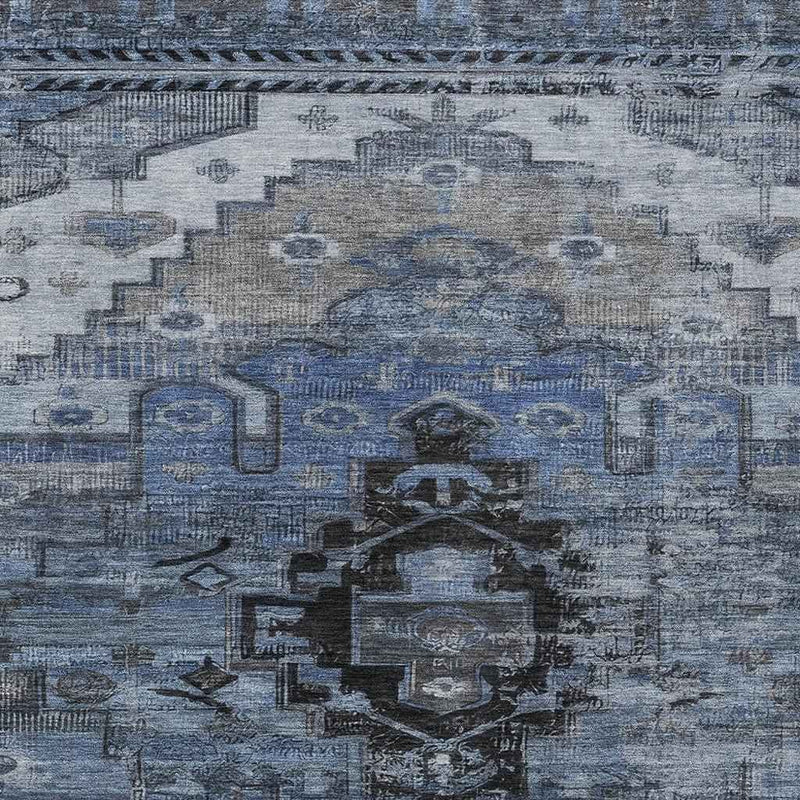 10' X 14' Blue Ivory And Gray Tribal Washable Indoor Outdoor Area Rug