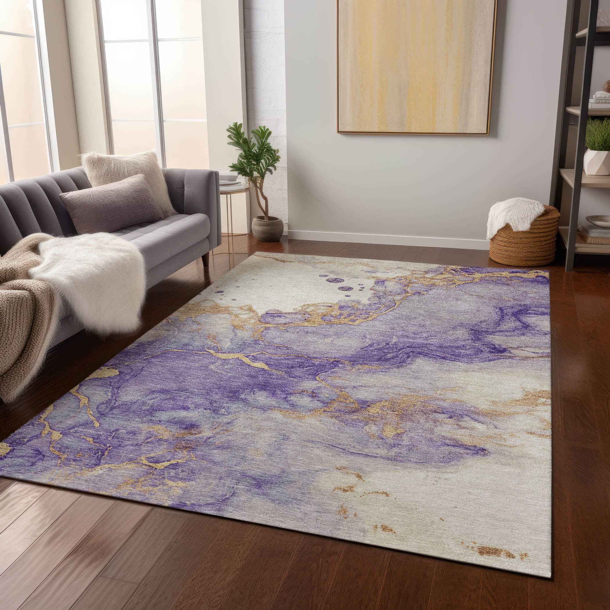 10' X 14' Purple And Gold Abstract Washable Indoor Outdoor Area Rug