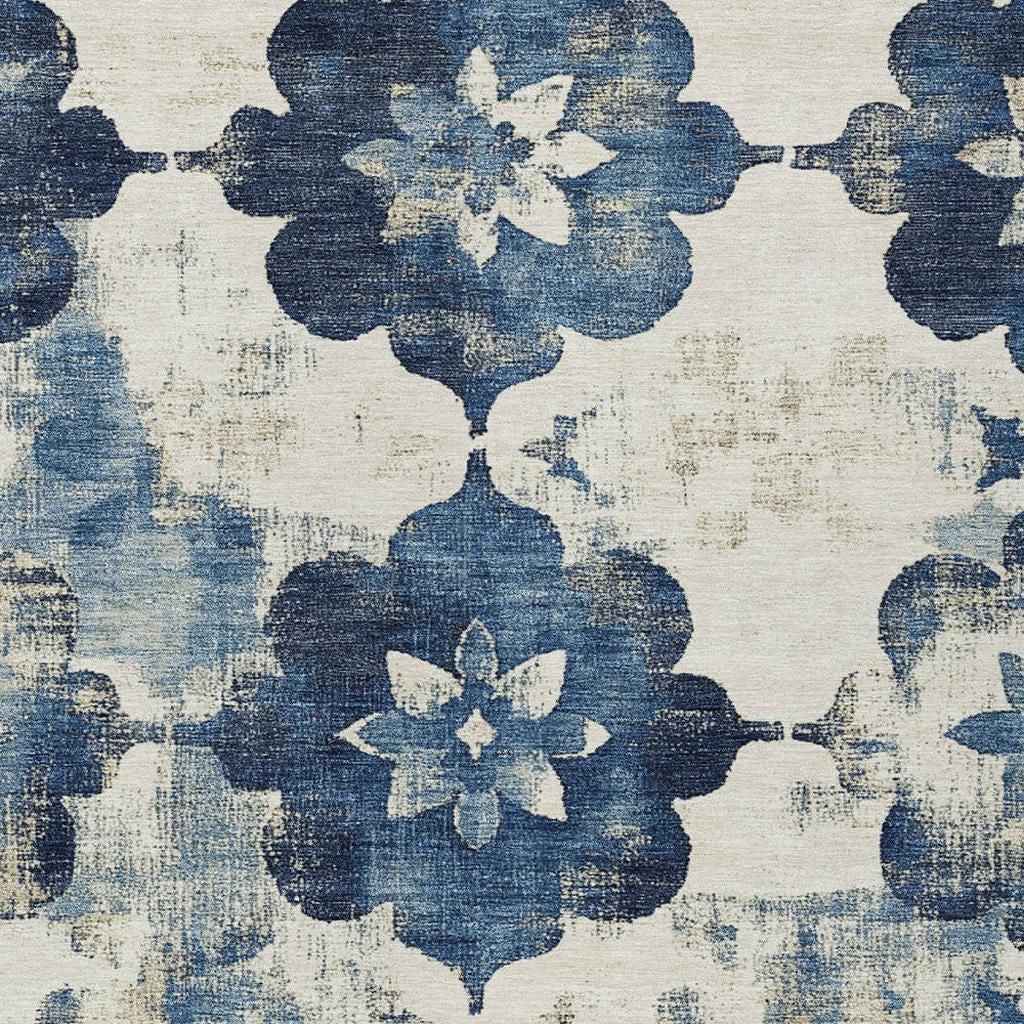 3' X 5' Navy Blue And Ivory Floral Washable Indoor Outdoor Area Rug