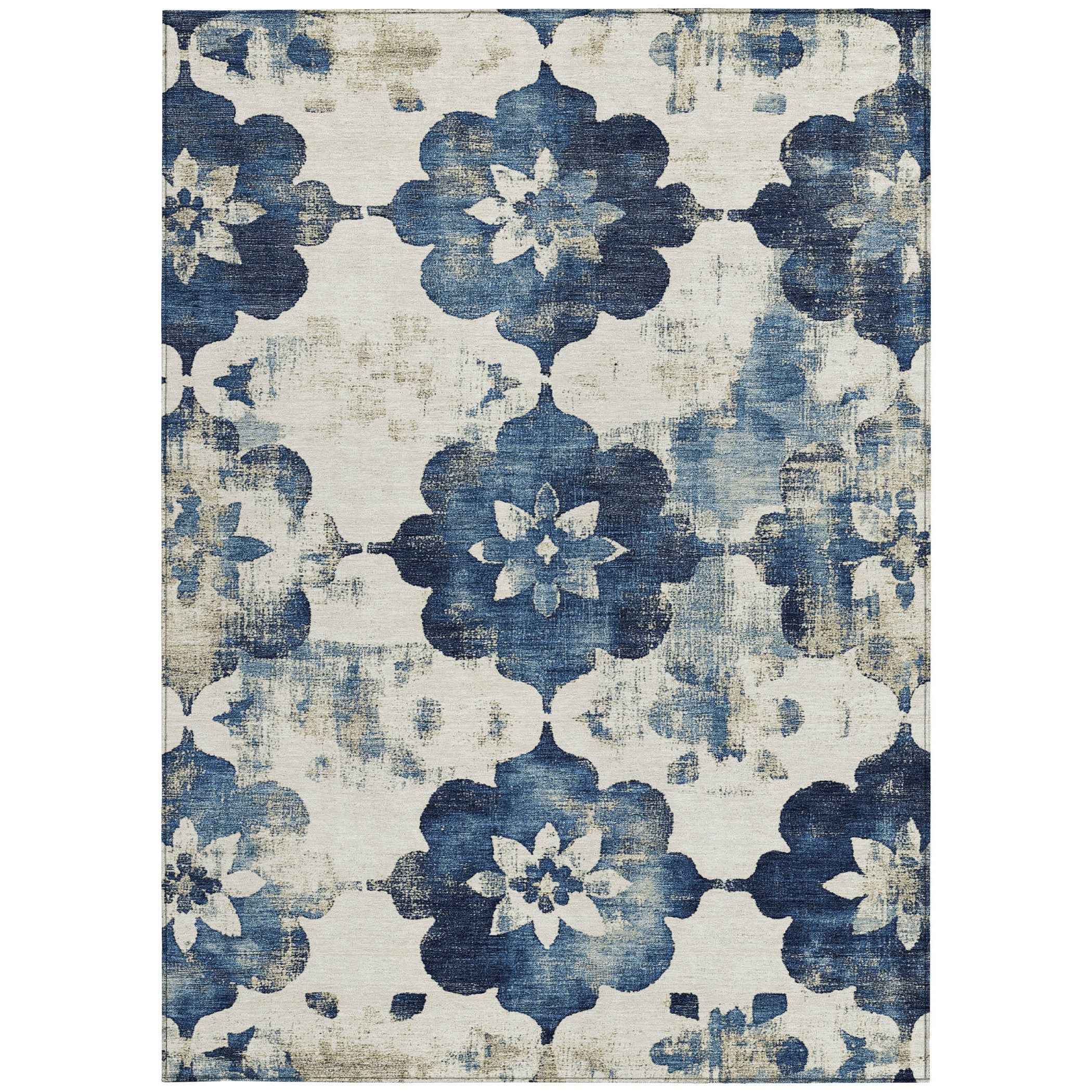 3' X 5' Navy Blue And Ivory Floral Washable Indoor Outdoor Area Rug