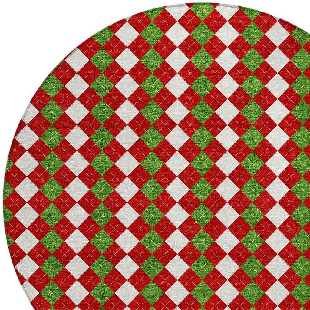 8' Red White And Green Round Argyle Washable Indoor Outdoor Area Rug