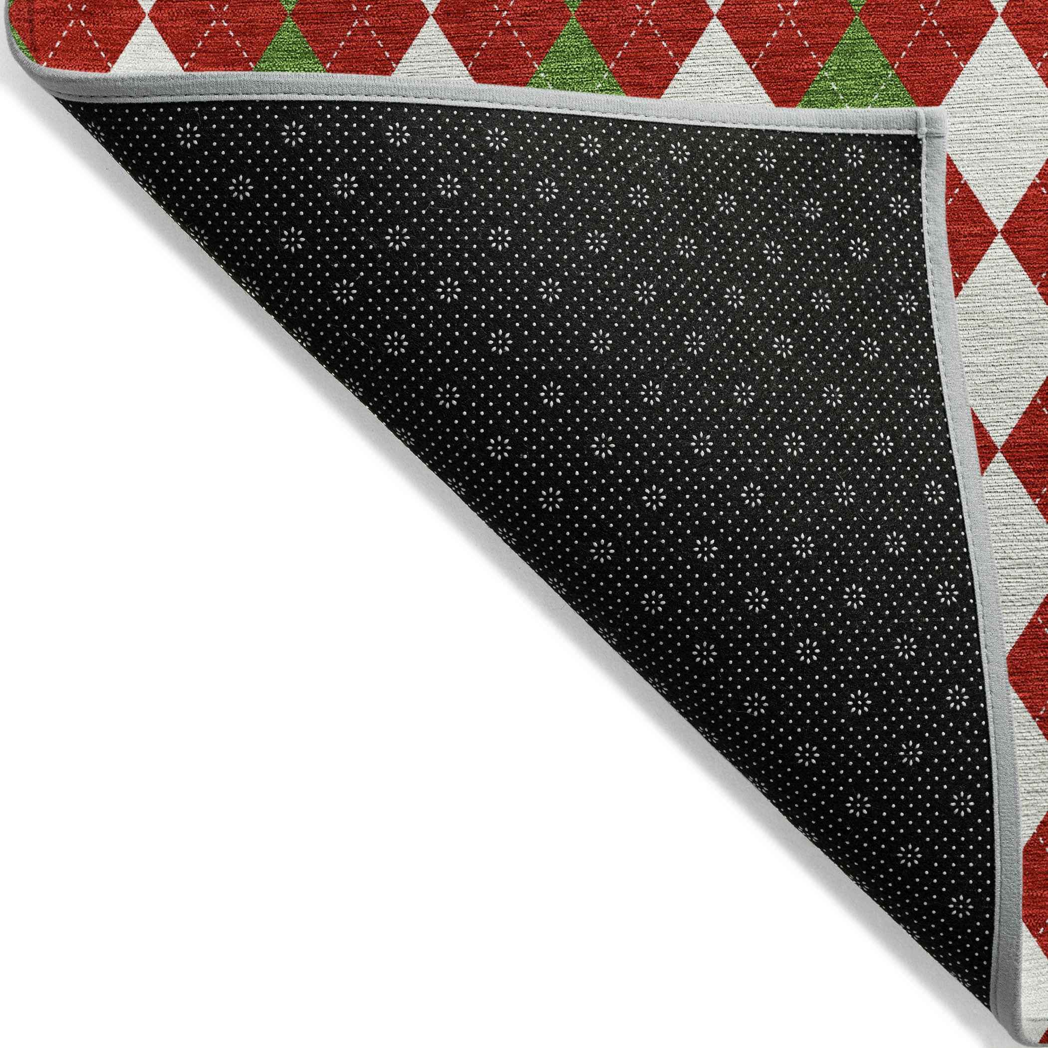 8' Red White And Green Round Argyle Washable Indoor Outdoor Area Rug