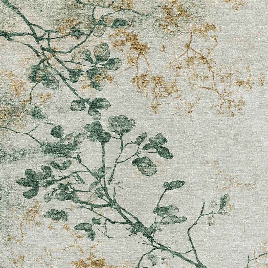 8' X 10' Emerald Ivory And Gold Floral Washable Indoor Outdoor Area Rug