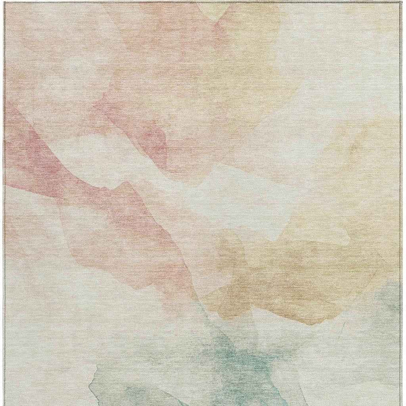 5' X 8' Pearl Ivory Beige And Teal Blue Abstract Washable Indoor Outdoor Area Rug