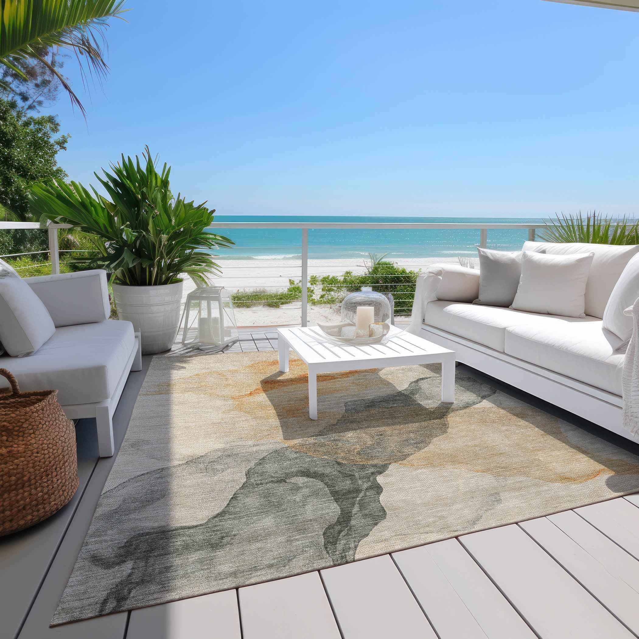 10' X 14' Orange And Gray Abstract Washable Indoor Outdoor Area Rug