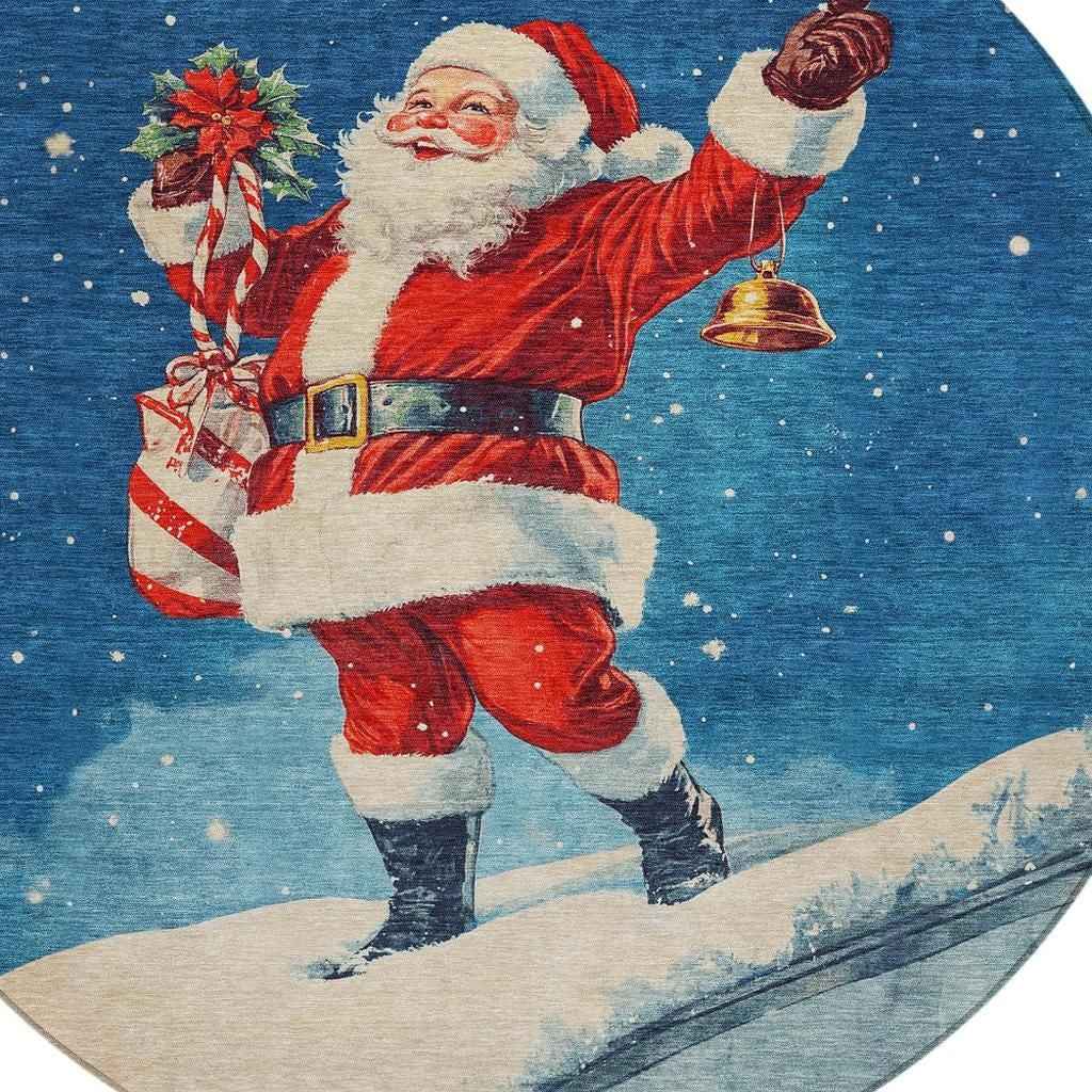 8' Blue Red White Green And Gold Round Floral Washable Indoor Outdoor Area Rug