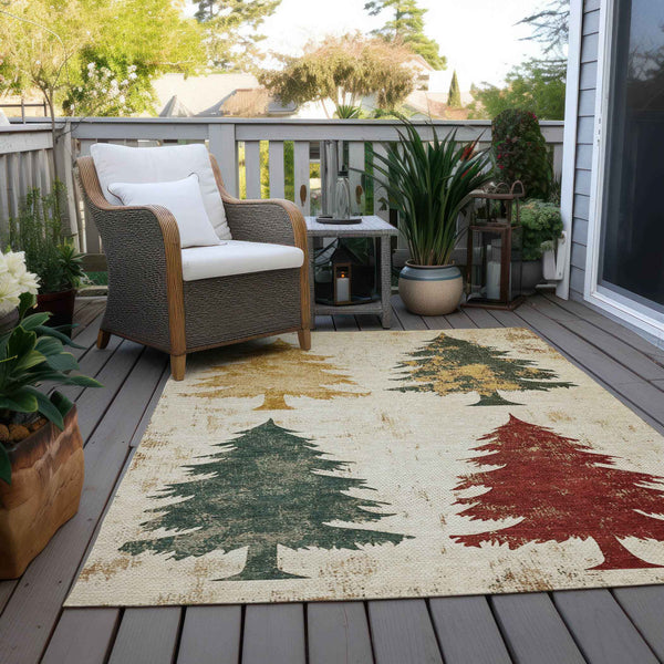 5' X 8' Ivory Gold And Burgundy Botanical Leaves Washable Indoor Outdoor Area Rug