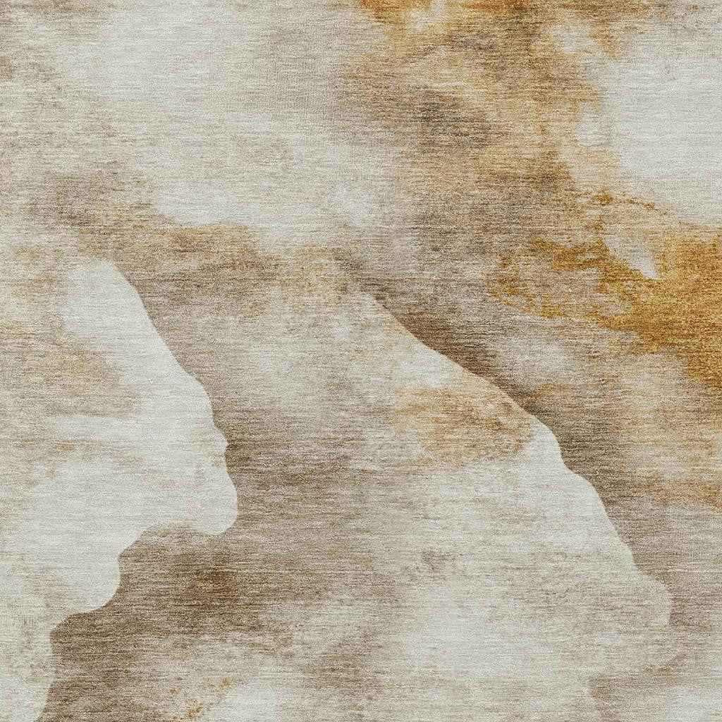 10' X 14' Beige And Gold Abstract Washable Indoor Outdoor Area Rug