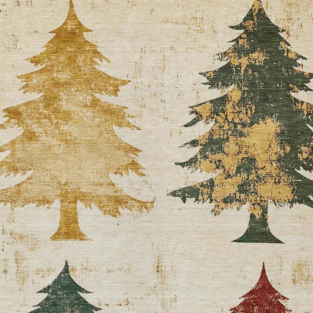 3' X 5' Ivory Gold And Burgundy Botanical Leaves Washable Indoor Outdoor Area Rug