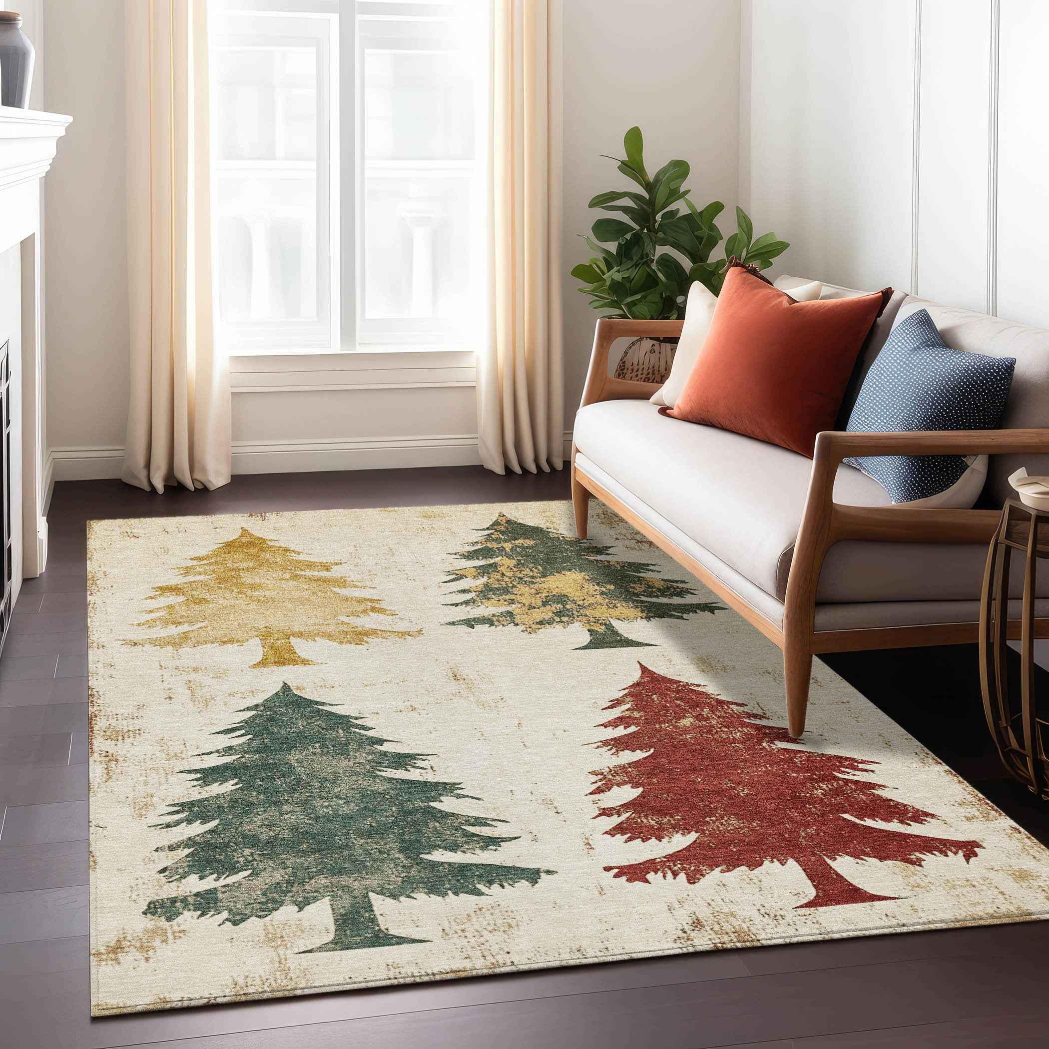 3' X 5' Ivory Gold And Burgundy Botanical Leaves Washable Indoor Outdoor Area Rug