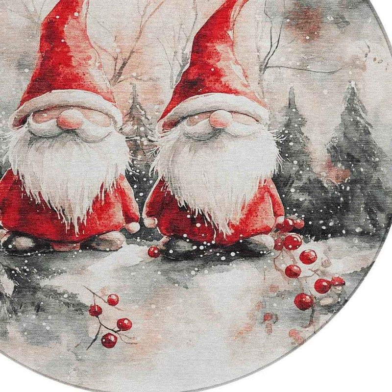 8' Ivory Red And Gray Round Botanical Leaves Washable Indoor Outdoor Area Rug