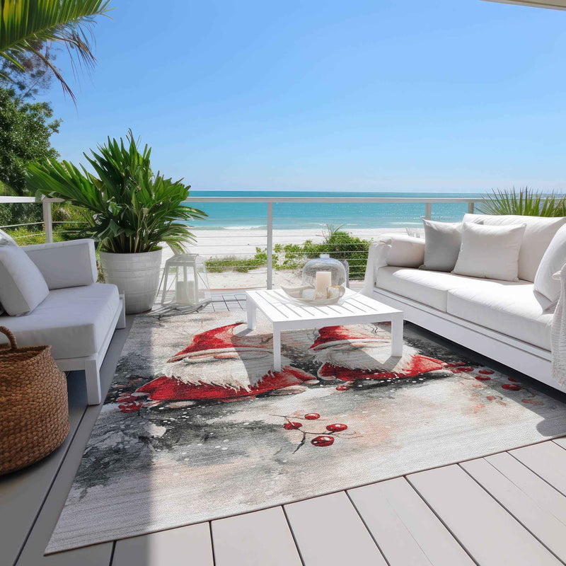 5' X 8' Ivory Red And Gray Botanical Leaves Washable Indoor Outdoor Area Rug