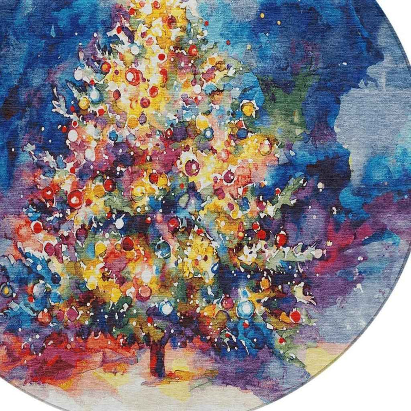 8' Navy Blue Gold Red And Purple Round Abstract Washable Indoor Outdoor Area Rug