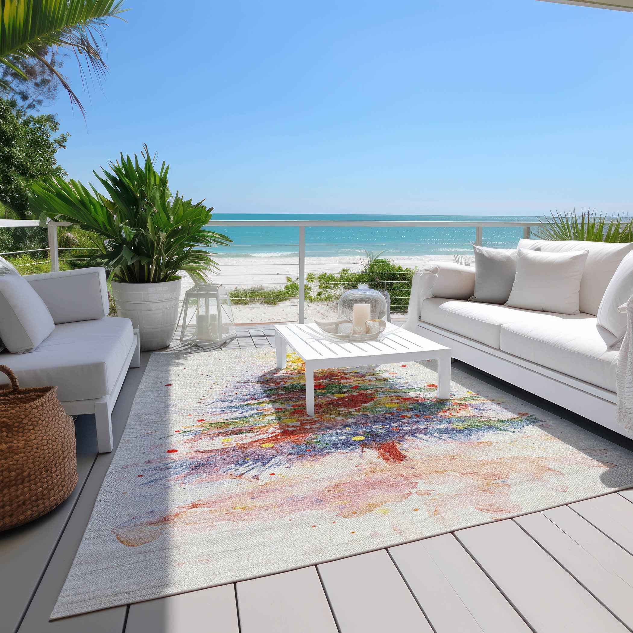 9' X 12' Ivory Green Purple Yellow And Blush Abstract Washable Indoor Outdoor Area Rug