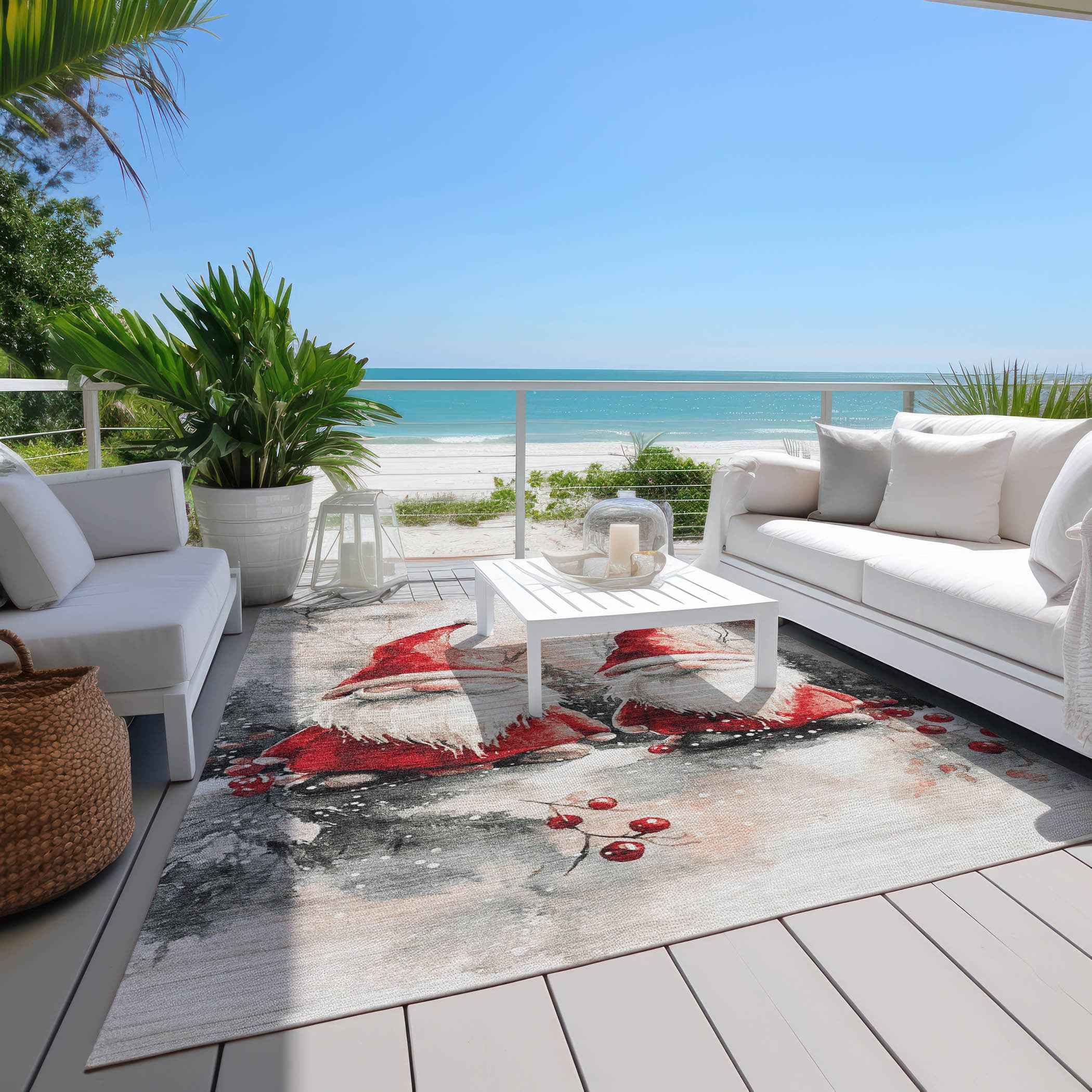 3' X 5' Ivory Red And Gray Botanical Leaves Washable Indoor Outdoor Area Rug