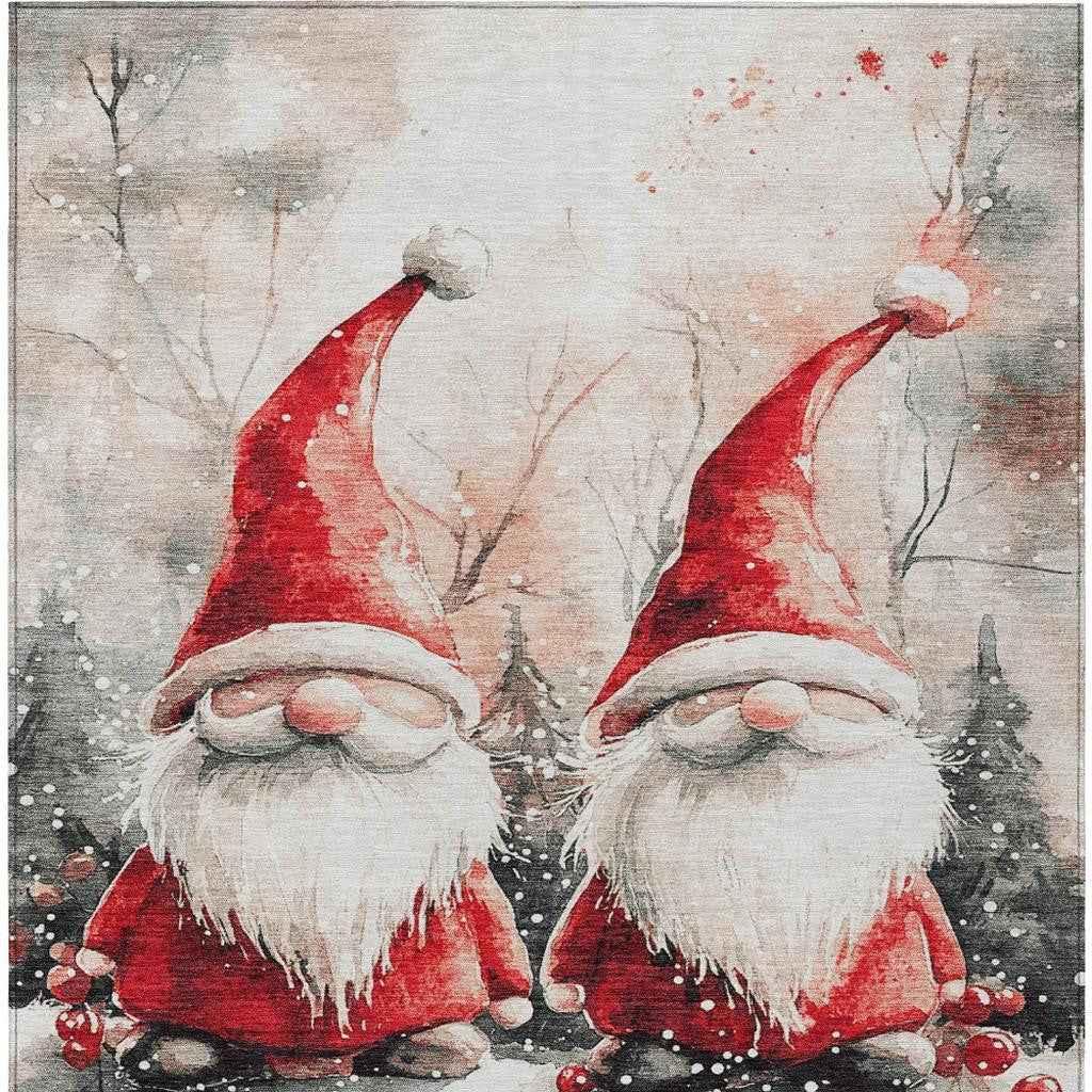 3' X 5' Ivory Red And Gray Botanical Leaves Washable Indoor Outdoor Area Rug